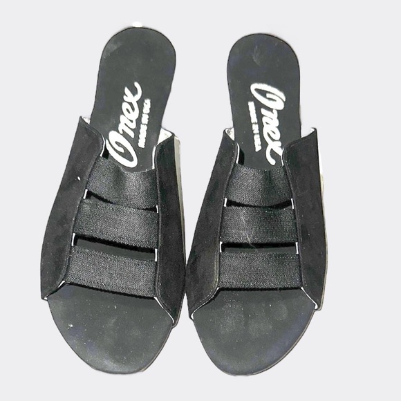 Onex Black Elastic Slide Sandals with Silver Heel Size 6 - Picture 1 of 3